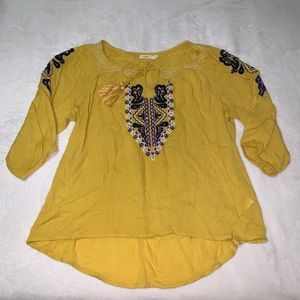 Hazel 3/4 sleeve Yellow Embroidered Blouse